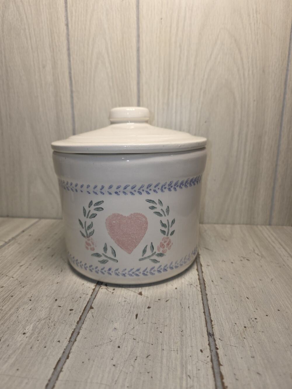 Vintage Pink Heart Flower Croc Canister USA Made 7" Kitchen Storage Cottagecore